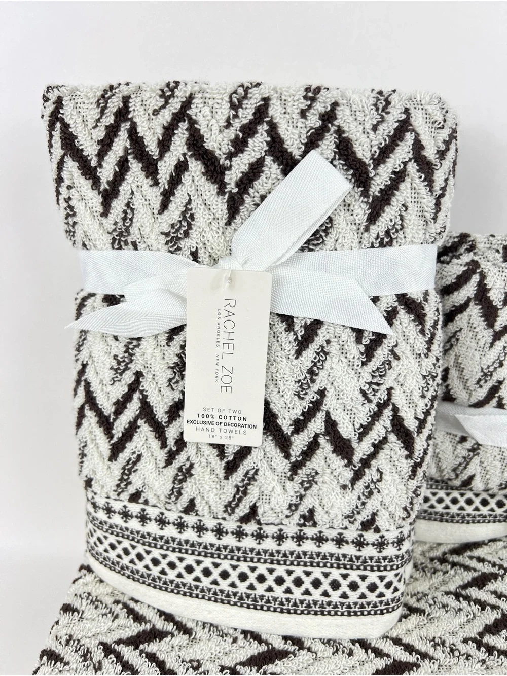 Rachel Zoe Bath Towel Set Brown Cream Zigzag Chevron Soft 100% Cotton 8 Pc NEW